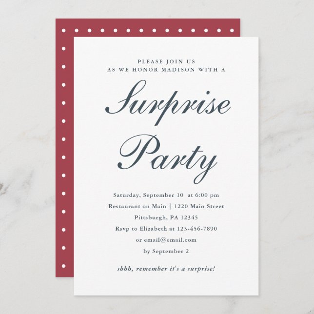 Red and Blue with White Polka Dots Surprise Party Invitation (Front/Back)