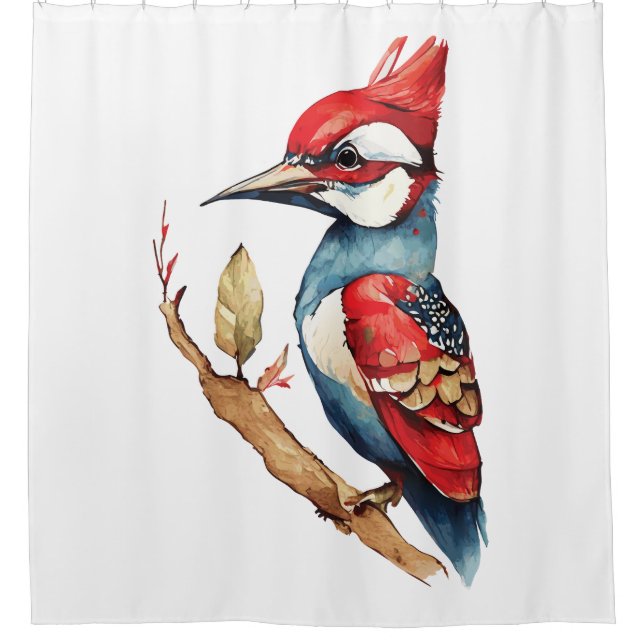 Red and Blue Woodpecker Shower Curtain (Front)