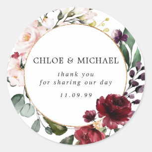 Red and Blush Pink Floral Wedding Thank You Classic Round Sticker