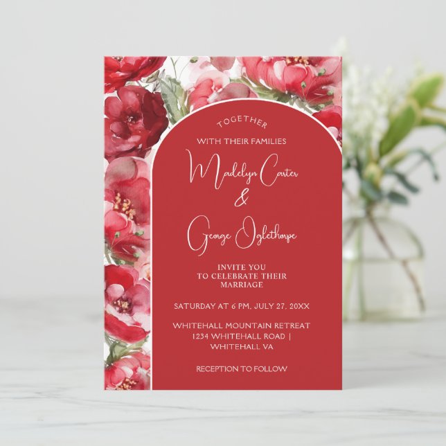 Red and Blush Roses Arched Wedding Invitation (Standing Front)