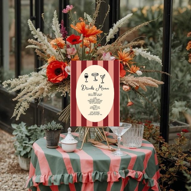 Red and Blush Striped “Drinks Menu” Wedding Poster (Creator Uploaded)