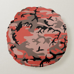Red and Brown Camouflage, Military, Army Round Cushion