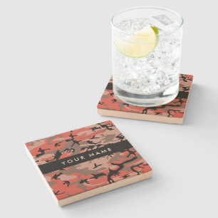Red and Brown Camouflage Your name Personalise Stone Coaster