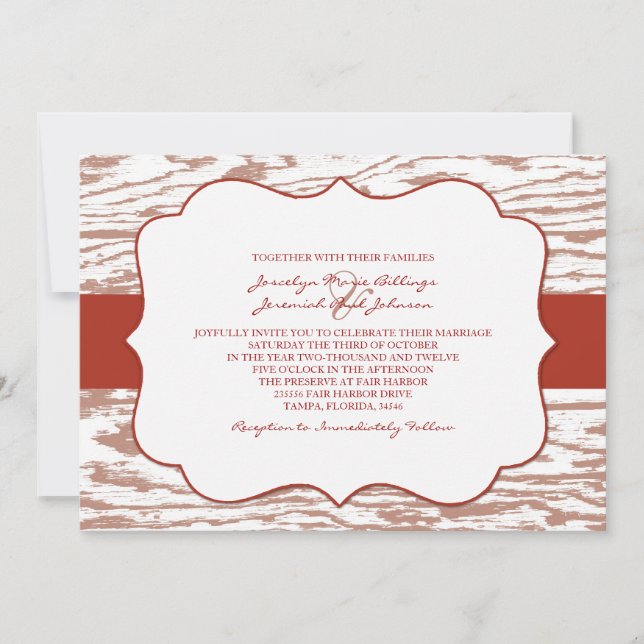 Red and Brown Chic Wood Grain Wedding Invitation (Front)