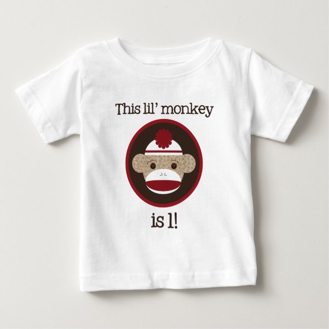 Red and Brown Sock Monkey: First Birthday Tee (Front)