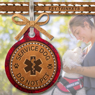 Red and Brown Stitched Leather Service Dog Pet Tag