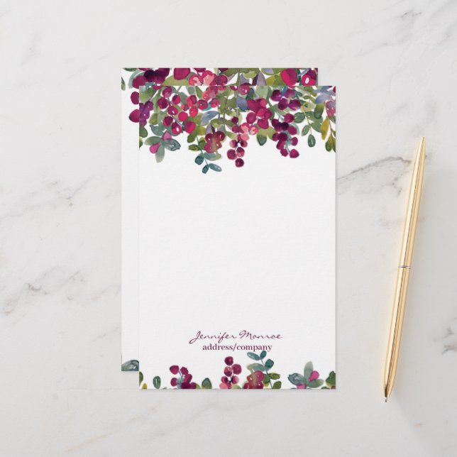 Red and burgundy watercolor floral personalised stationery (Front/Back In Situ)