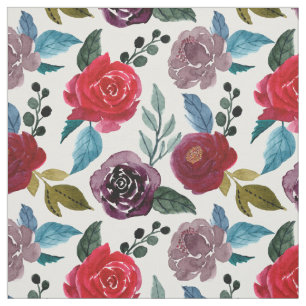 Red and burgundy watercolor flowers fabric