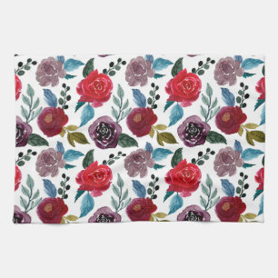 Red and burgundy watercolor flowers tea towel