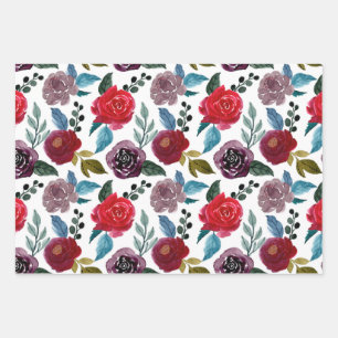 Red and burgundy watercolor flowers wrapping paper sheet