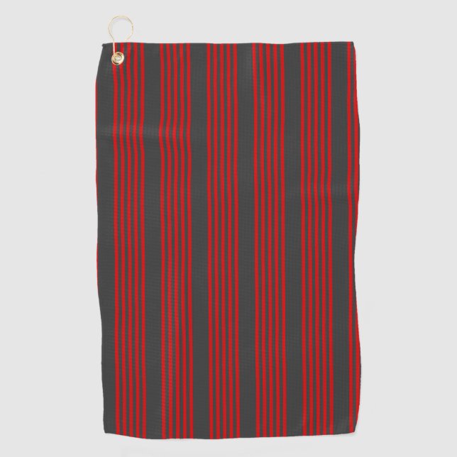 Red and charcoal five stripe pattern golf towel (Front)