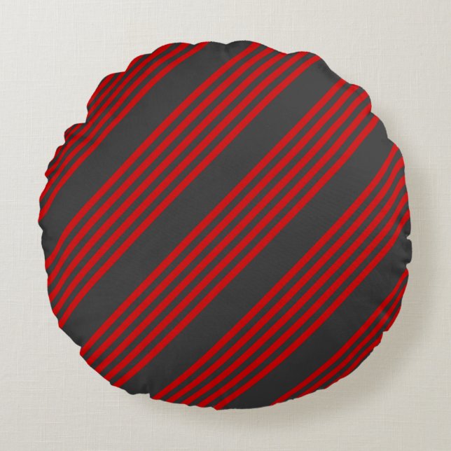 Red and charcoal five stripe pattern round cushion (Front)