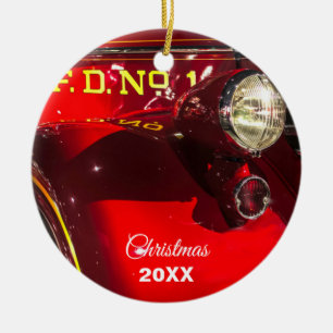 Red and Chrome Vintage Fire Truck Ceramic Tree Decoration
