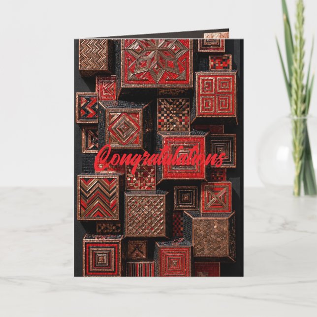 Red and Copper Geometric Mosaic - 3D Cubes Card (Front)