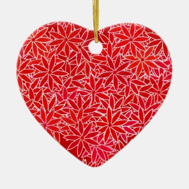 Red and coral flowers, dark red background ceramic tree decoration (Front)