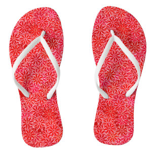 Red and coral flowers, dark red background flip flops