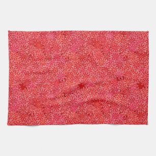 Red and coral flowers, dark red background tea towel