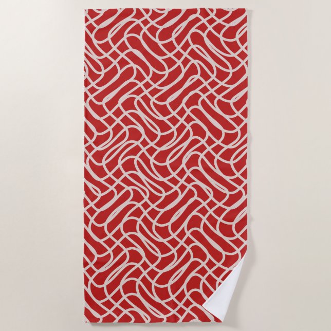 Red And Cream Abstract Line Pattern Beach Towel (Front)
