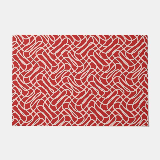 Red And Cream Abstract Line Pattern Doormat (Front)