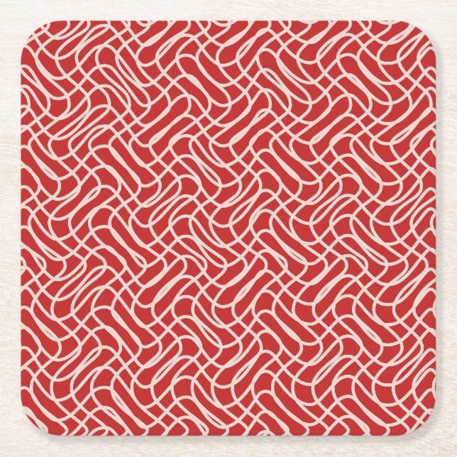 Red And Cream Abstract Line Pattern Square Paper Coaster (Front)