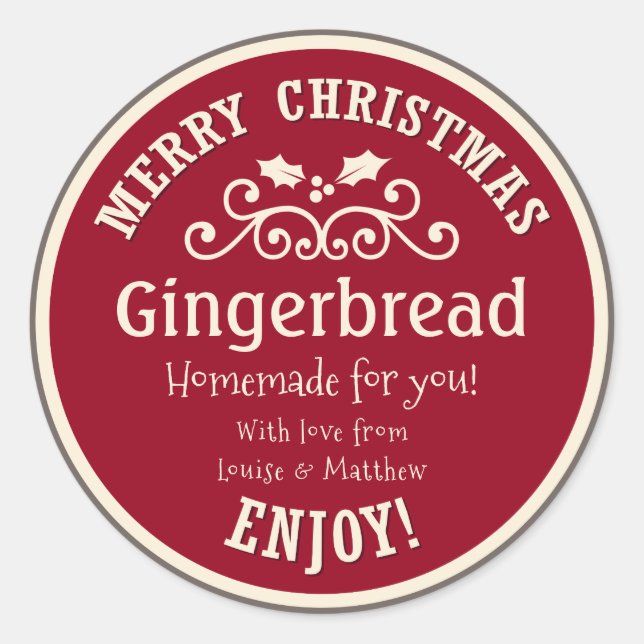 Red and cream Christmas gingerbread gift sticker (Front)