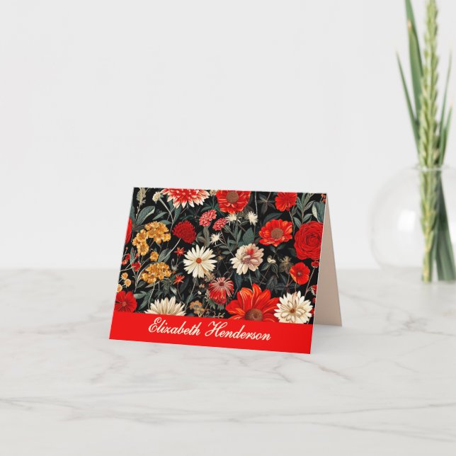 Red and Cream Dark Floral Folded Note Card (Front)