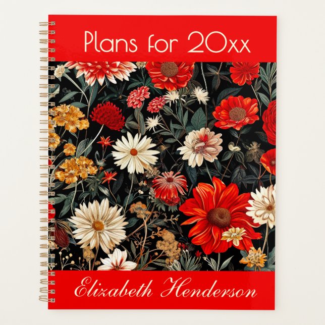 Red and Cream Dark Floral Large Planner (Front)