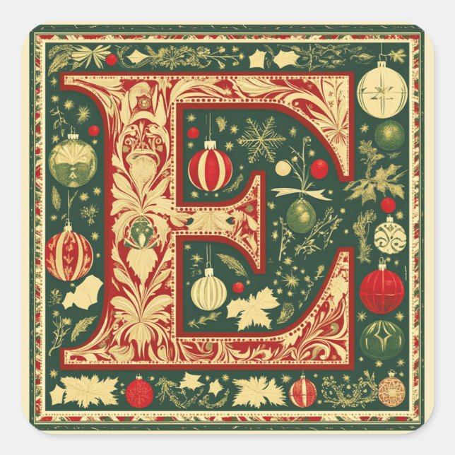 Red and Cream 'E' with Christmas Red and Green Square Sticker (Front)