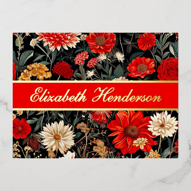 Red and Cream Floral Stationery Foil Postcard (Front)
