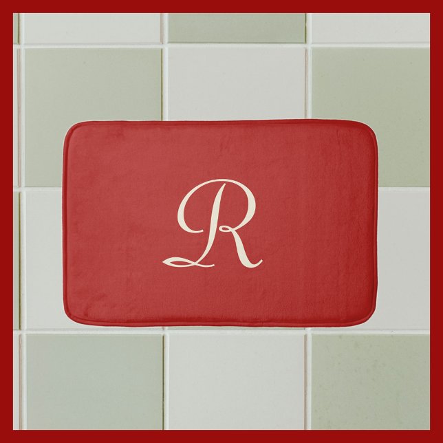 Red and Cream Monogrammed Plush Bath Mat (Creator Uploaded)
