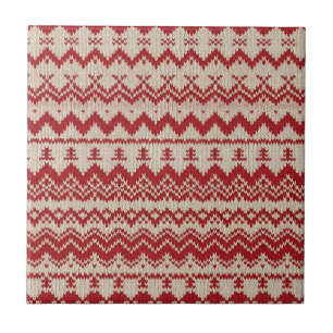 Red and Cream Nordic Knit Reindeer Tile