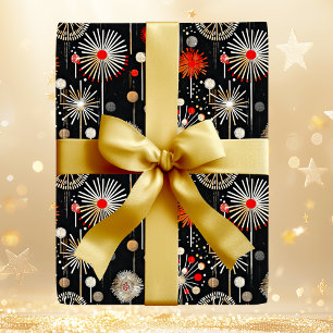 Red and Cream on Black Festive Retro Wrapping Paper