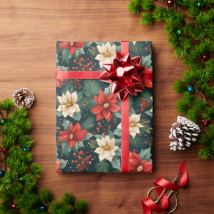Red and Cream Poinsettias with Berries Wrapping Paper