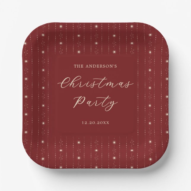 Red And Cream Stars Christmas Party Paper Plate (Front)