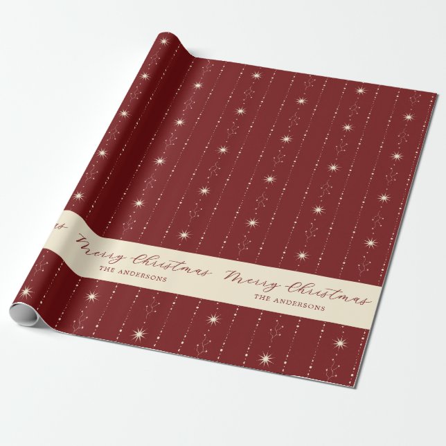 Red And Cream Stars Merry Christmas Wrapping Paper (Unrolled)