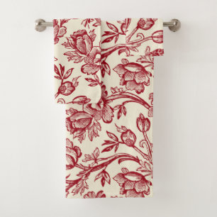 Red and Cream Tulips Toile de Jouy Bath Towel Set