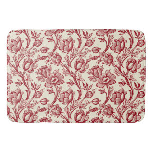 Red and Cream Tulips Toile - French Country Decor Bath Mat