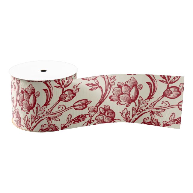 Red and Cream Tulips Toile - French Country Decor Grosgrain Ribbon (Spool)
