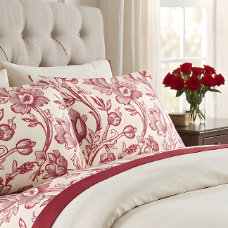 Red and Cream Tulips Toile - French Country Decor Pillowcase