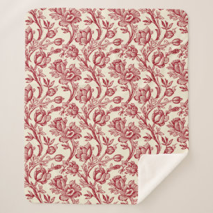 Red and Cream Tulips Toile - French Country Decor Sherpa Blanket