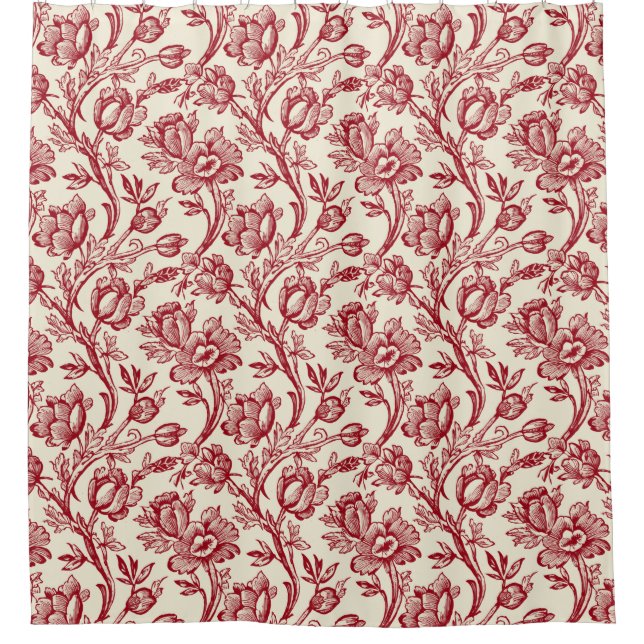 Red and Cream Tulips Toile - French Country Decor Shower Curtain (Front)