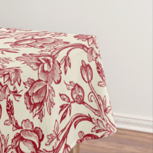 Red and Cream Tulips Toile - French Country Decor Tablecloth