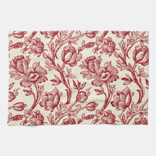 Red and Cream Tulips Toile - French Country Decor Tea Towel