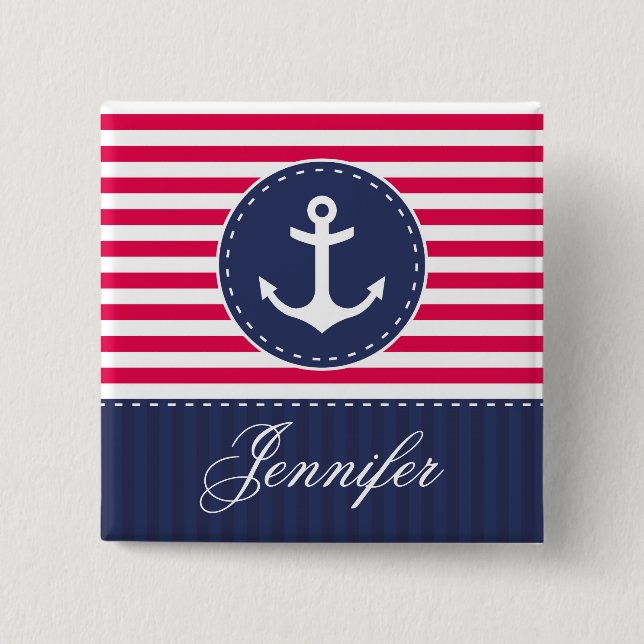 Red and Dark Blue Stripes Anchor With Name 15 Cm Square Badge (Front)