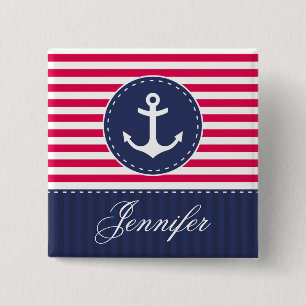 Red and Dark Blue Stripes Anchor With Name 15 Cm Square Badge