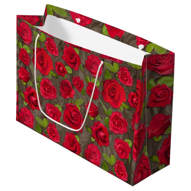 Red And Dark Pink Floral Roses Pattern Large Gift Bag (Front Angled)