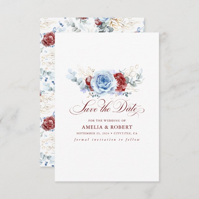 Red and Dusty Blue Floral Save the Date (Front/Back)