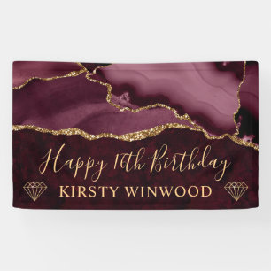 Red and Faux Gold Glitter Agate Marble Sweet 16 Banner