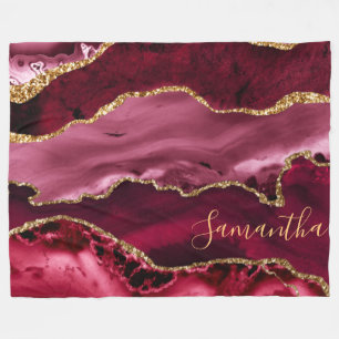 Red and Faux Gold Glitter Marble Agate Fleece Blanket