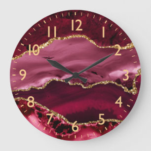 Red and Faux Gold Glitter Marble Agate Large Clock